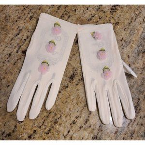 New! Lady Elaine Stretch Gloves Nylon One Size Vintage 60s 3D Pink Rose Detail
